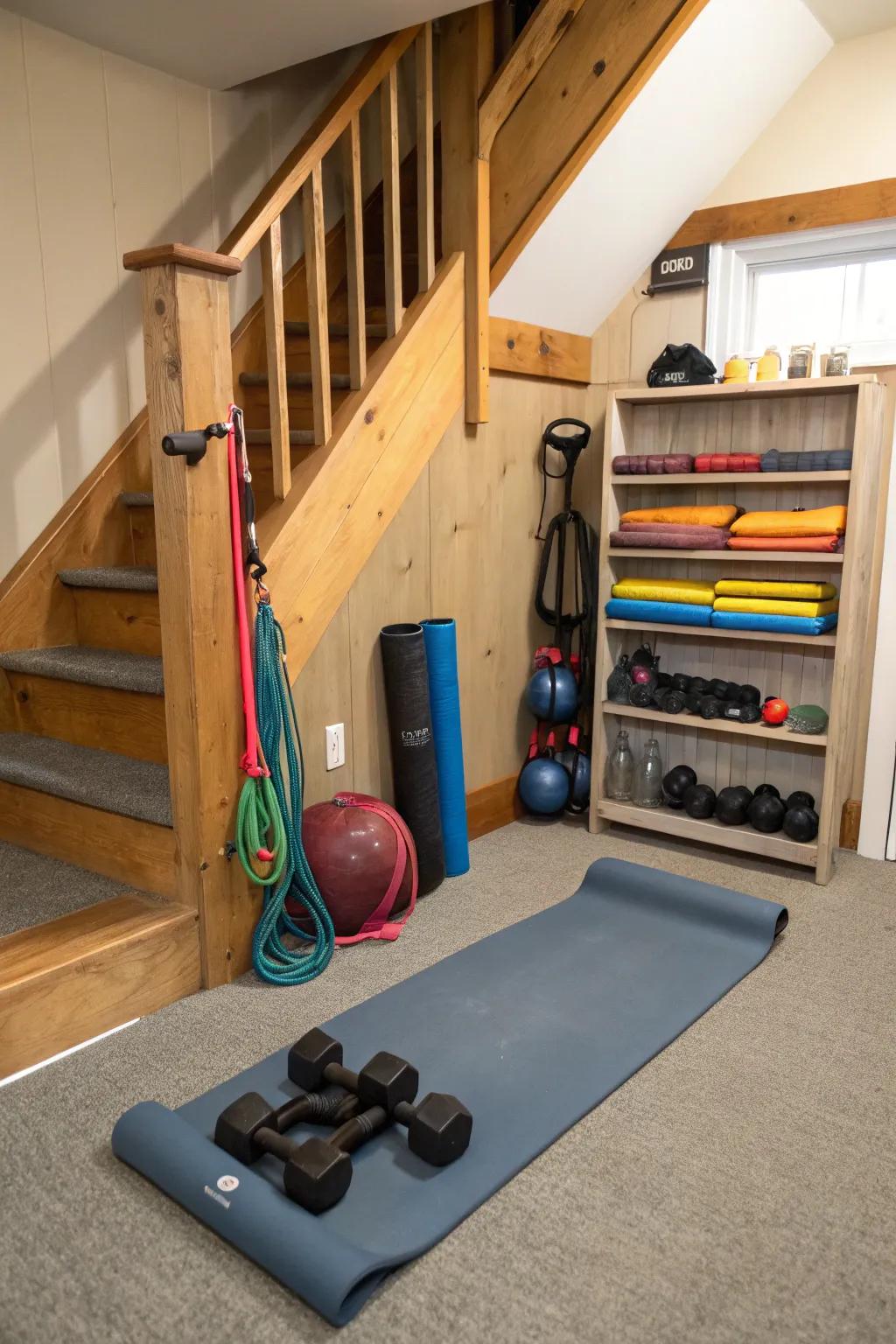 Stay fit with a home gym tucked under the stairs.