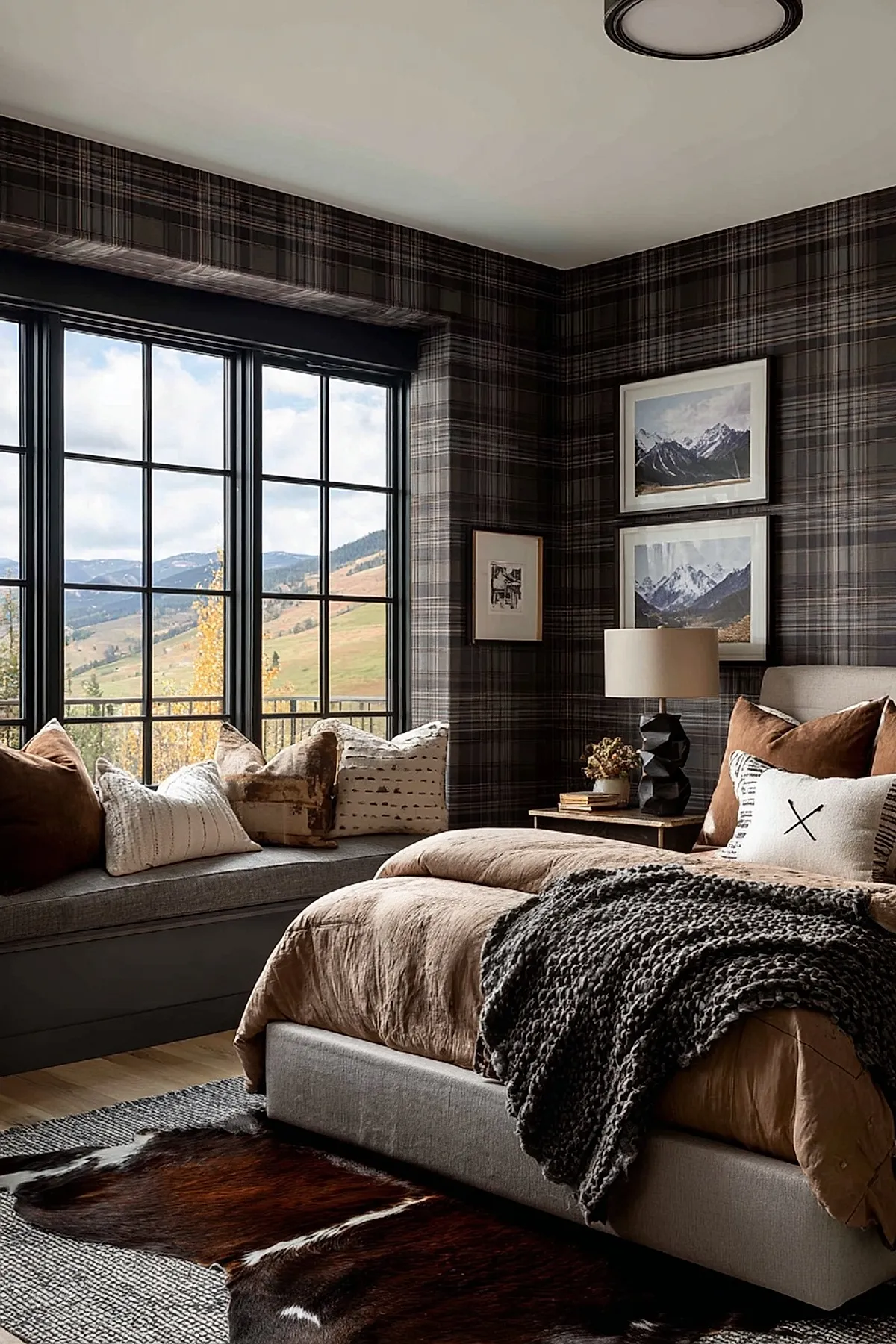 bedroom with dark brown plaid wallpaper, large black-framed windows with cushioned window seat covered in brown and cream pillows, beige bedding with brown pillows and charcoal knit throw, wooden side table with black geometric lamp, framed mountain photographs on wall
