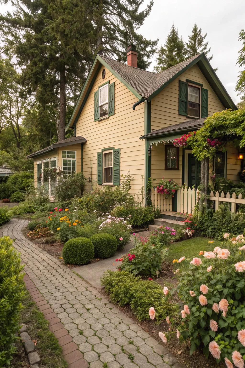 Comforting sand and verdant create a cozy, elegant exterior.