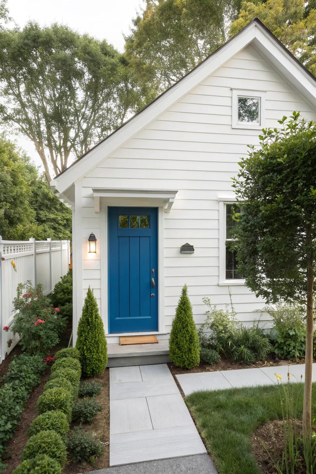 Ivory siding with a vibrant cerulean door for a striking modern touch.