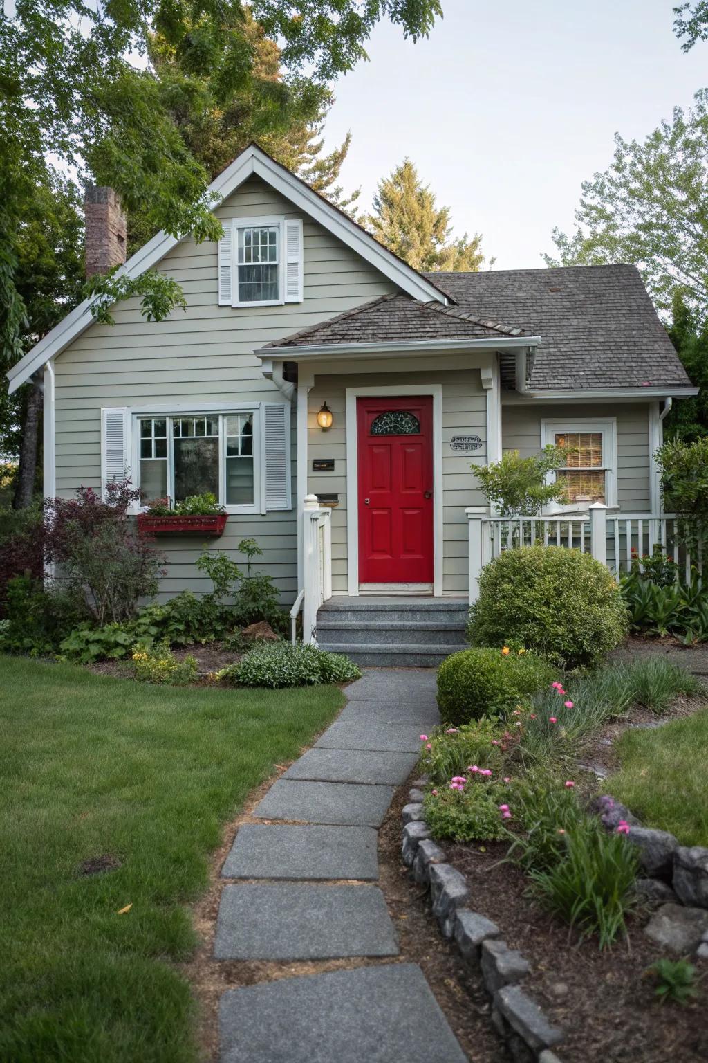 Subtle stone combined with a rouge door adds a playful yet refined touch.