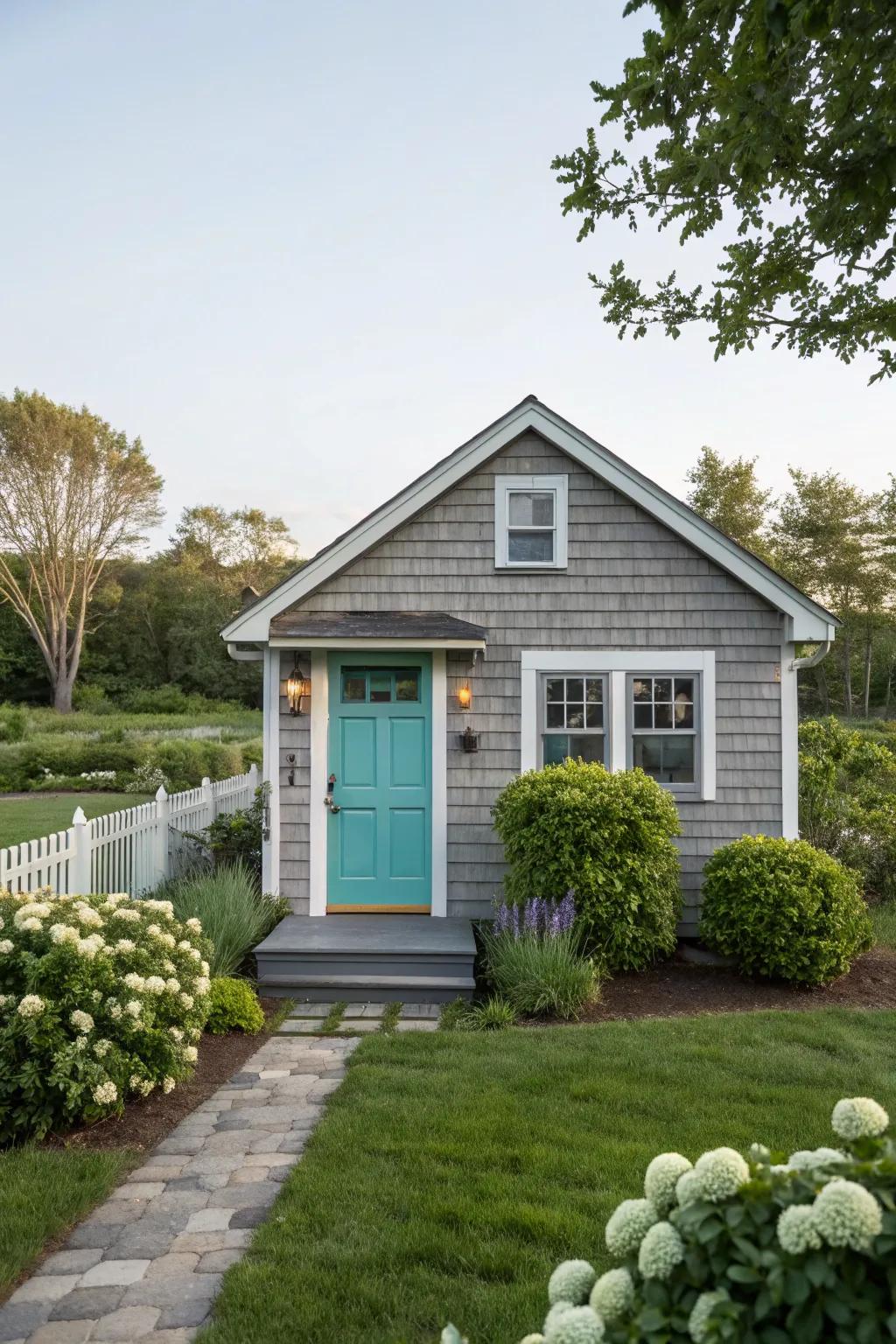 Stone with a aqua door for a subtle yet refreshing exterior.