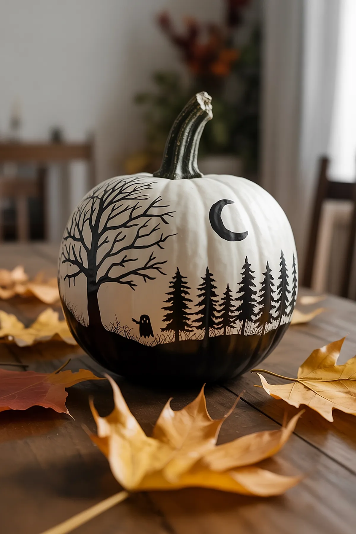 white pumpkin painted with black silhouettes of leafless tree, pine trees, crescent moon, and small ghost figure, sitting on wooden table surrounded by yellow and orange fallen leaves