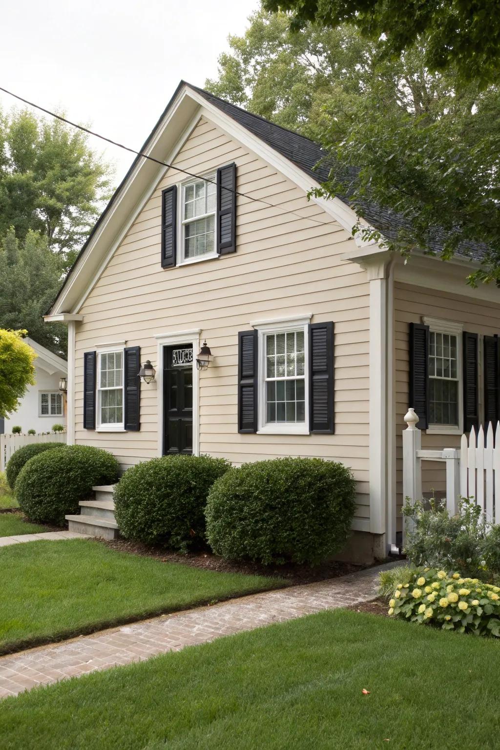 Timeless fawn with dark window covers for a timeless exterior.