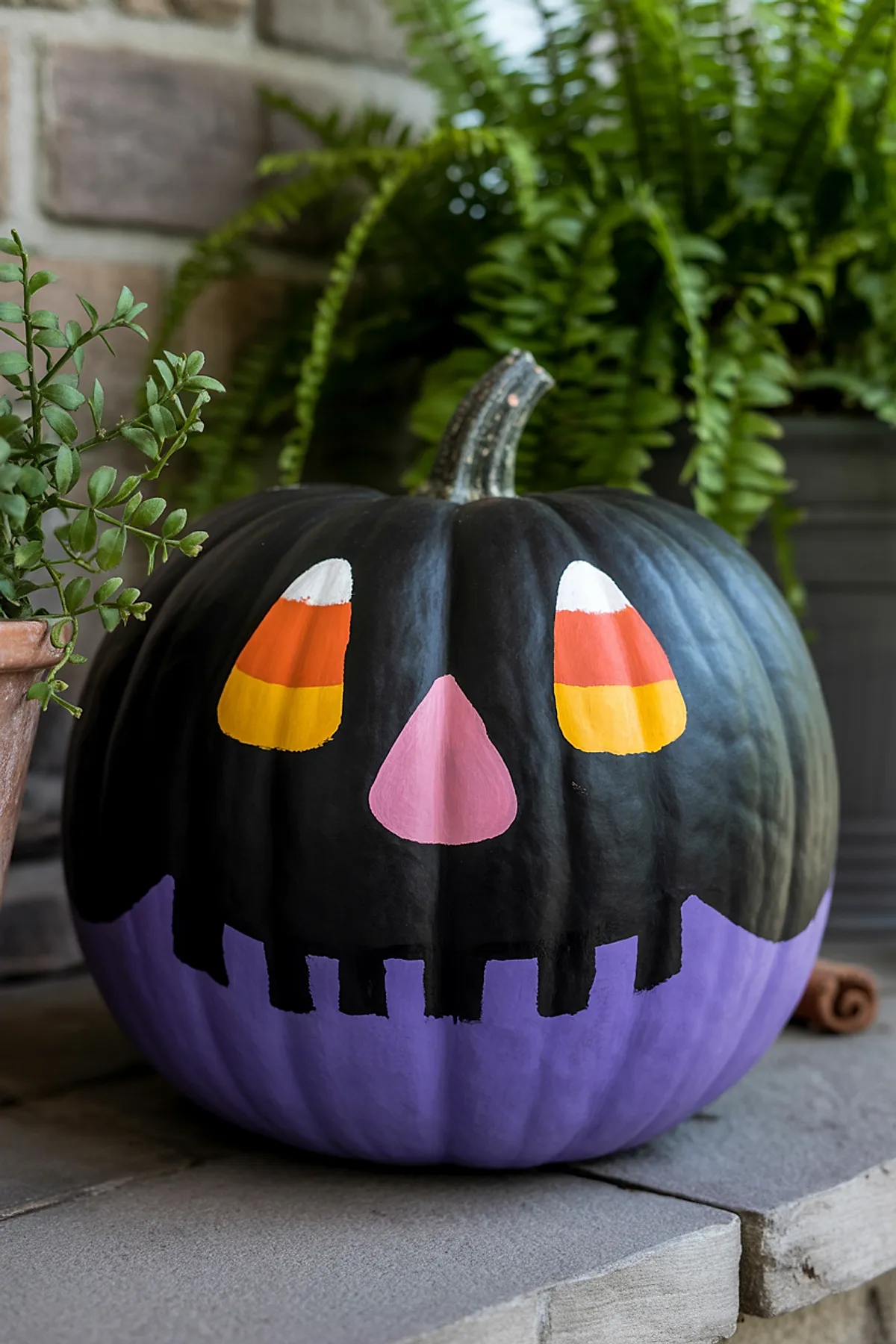 pumpkin painted black on top and purple on bottom with painted candy corn eyes in white, orange, and yellow and pink triangle nose sitting on stone surface next to green plants