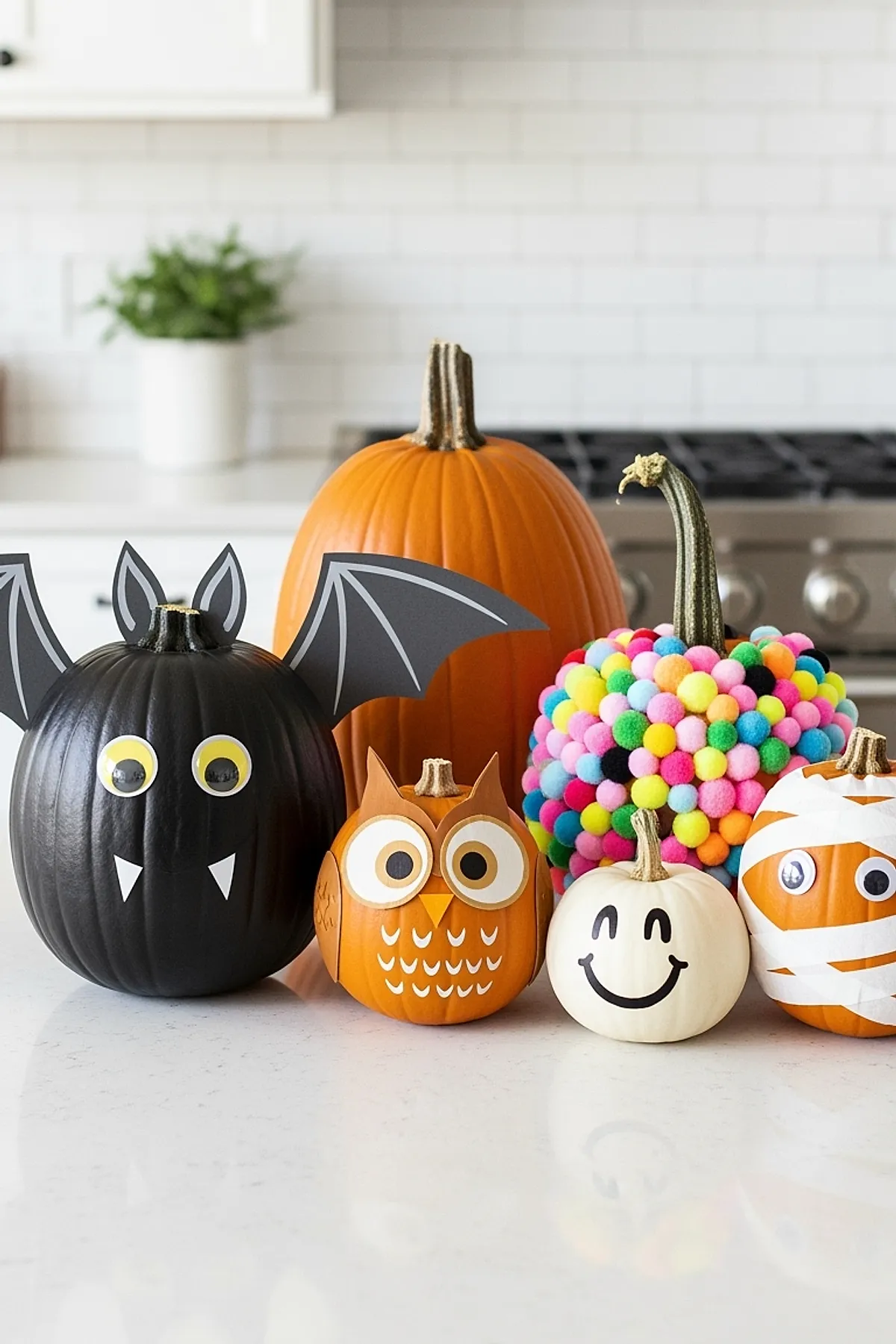 group of five pumpkins decorated as black bat with paper wings, orange owl with large eyes, small white smiley face pumpkin, multicolor pom pom covered pumpkin, and orange mummy with white tape strips and googly eyes on white countertop