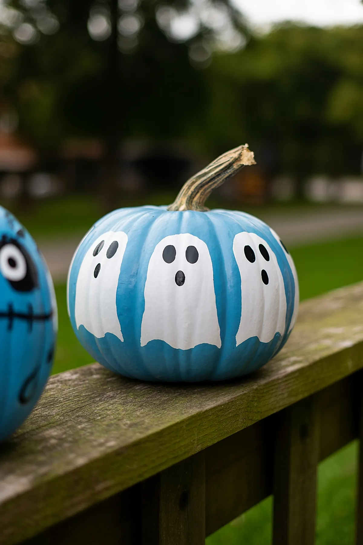 light blue pumpkin with multiple white ghost shapes featuring black eyes and mouths sitting on weathered wooden railing outdoors