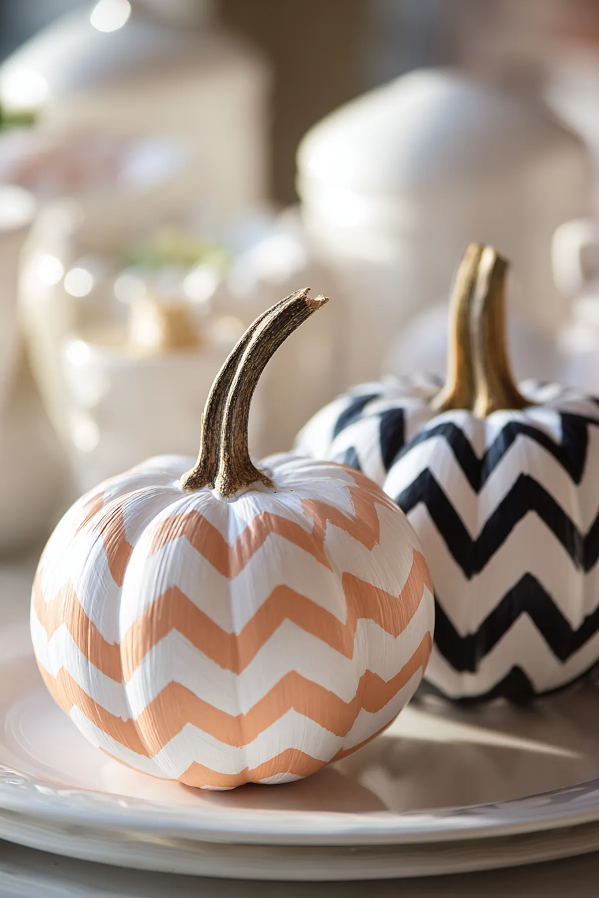 two white pumpkins painted with zigzag chevron stripes, one in peach and white, the other in black and white, each with natural brown stems