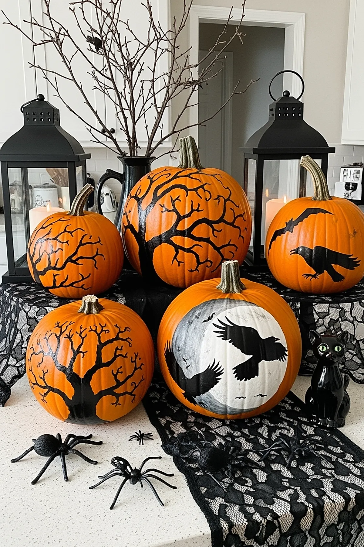 group of orange pumpkins painted with black leafless tree branches, flying crows, and bats arranged on black lace fabric with plastic spiders and ceramic black cat figurine