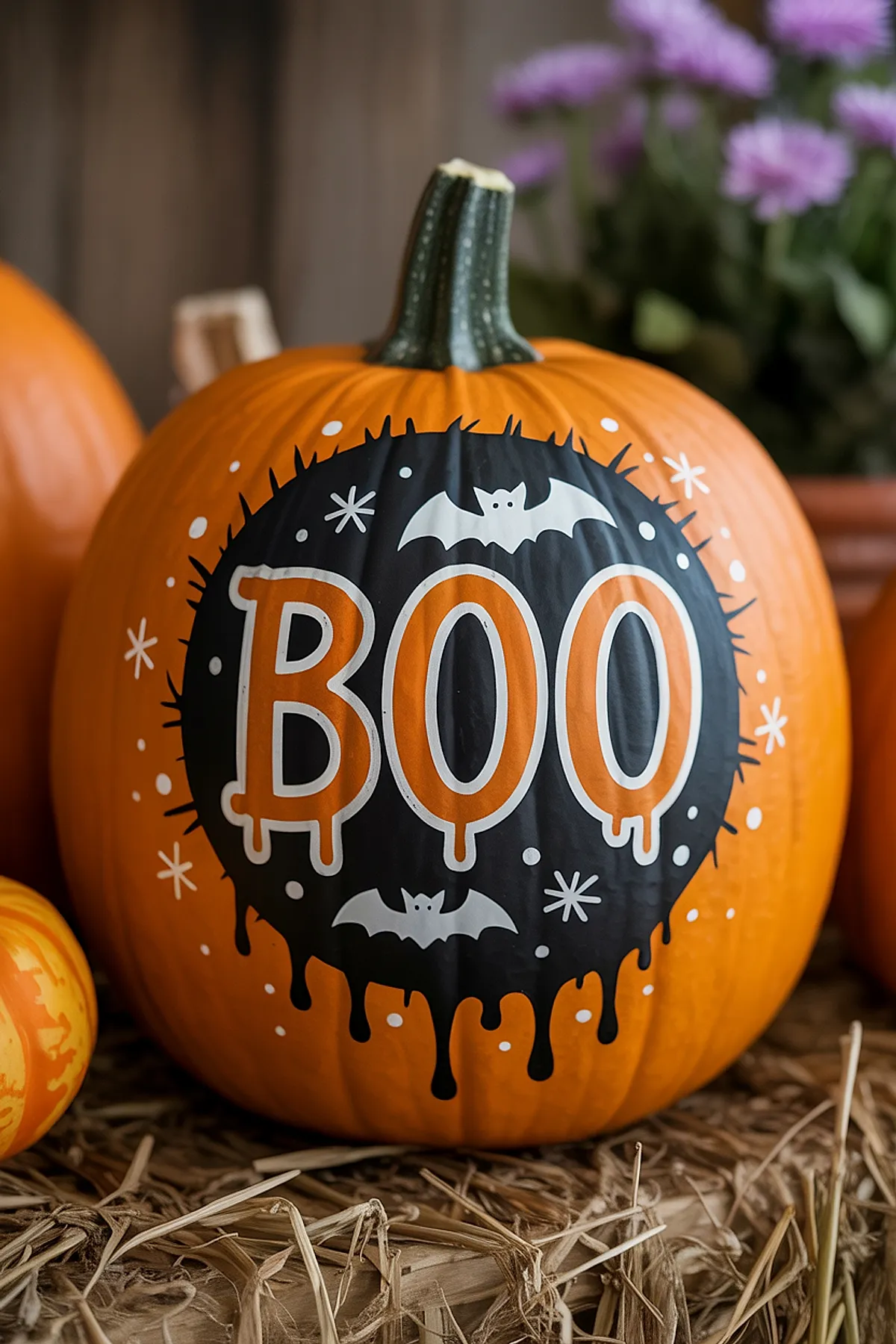 orange pumpkin painted with large black dripping circle featuring the word BOO in orange and white surrounded by small white bats and stars