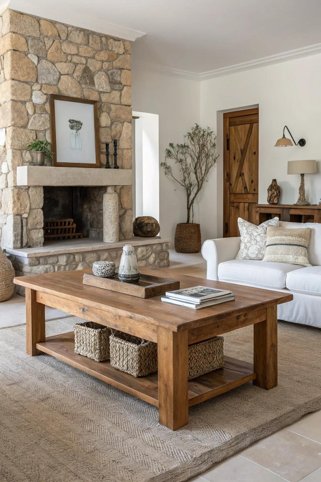 A beautifully grounded living room featuring natural wood and stone accents.