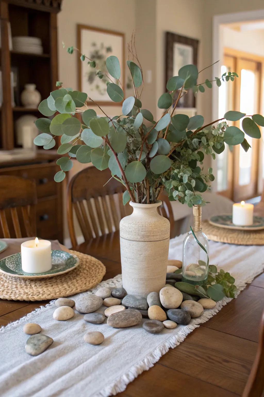 A nature-focused table arrangement enhanced with lavender and earthy details.