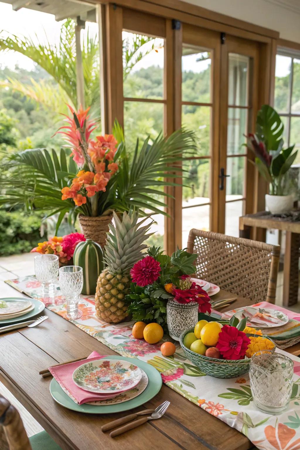 Transport yourself to a tropical retreat with vibrant table elements.