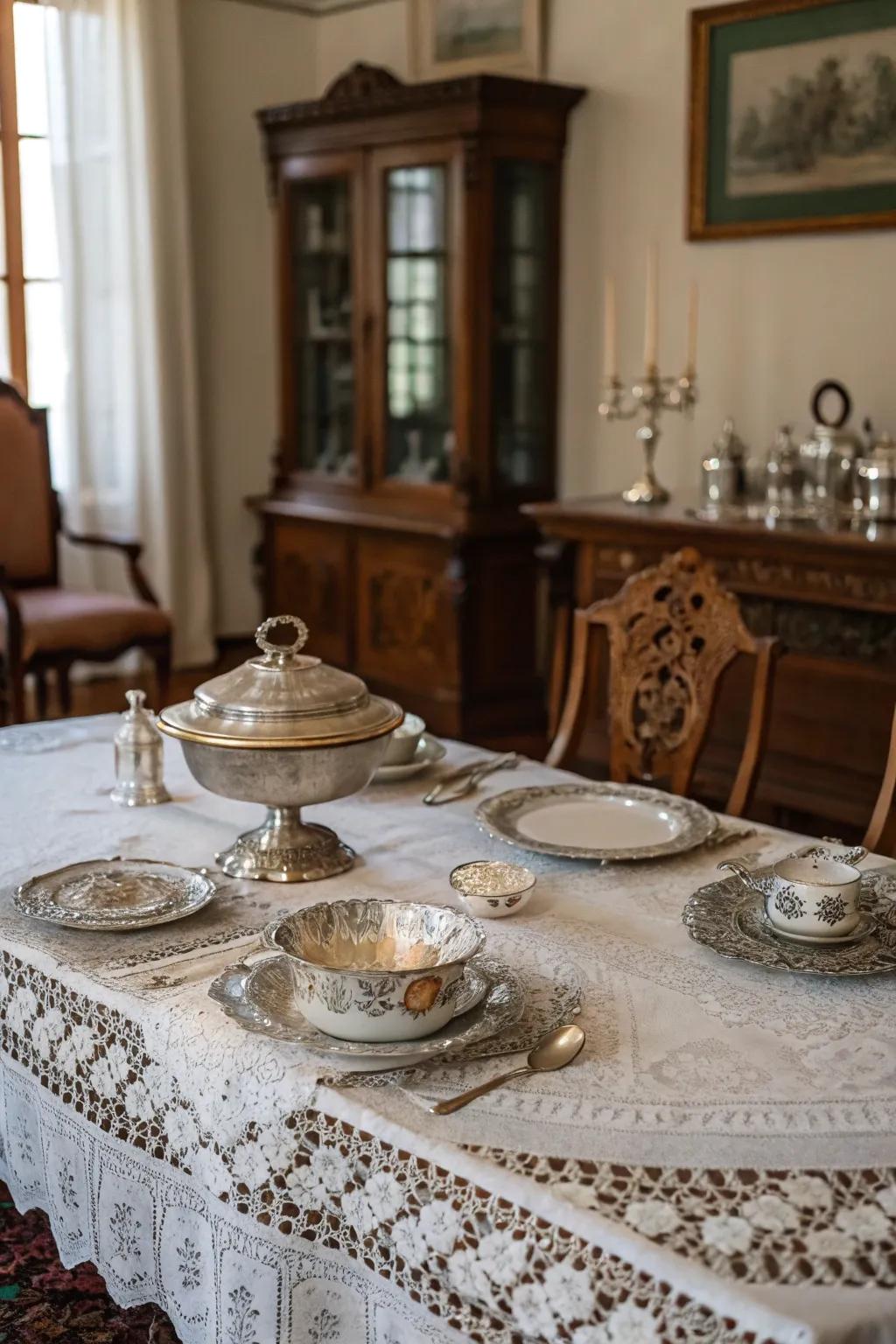 Showcase traditional elegance with antique pieces and intricate lace.