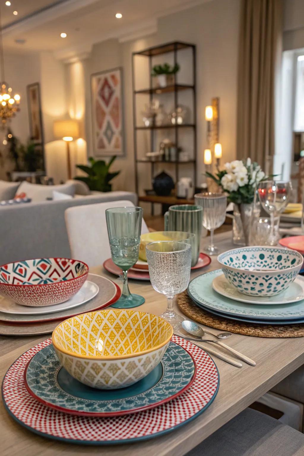 A creatively mismatched tableware collection creates a distinctive dining display.