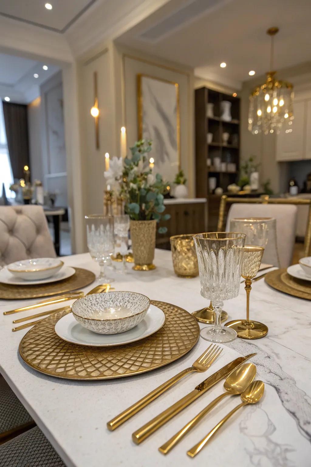 Craft a dazzling table with glamorous gold elements.