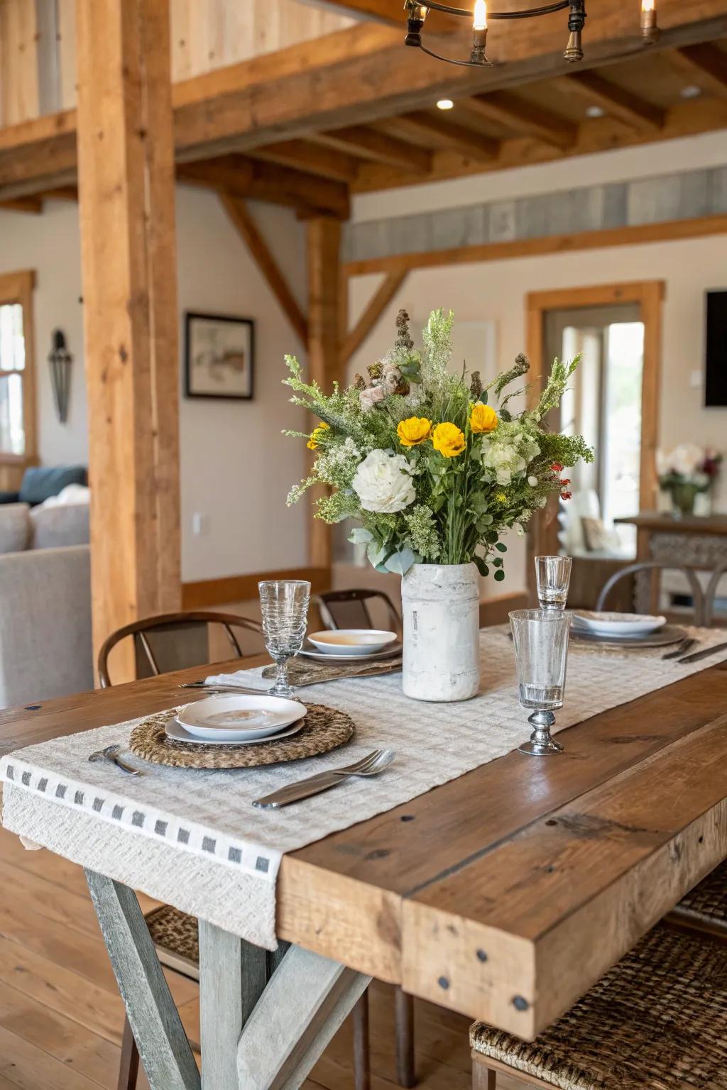 Design a farmhouse chic table with rustic wood and metal elements.