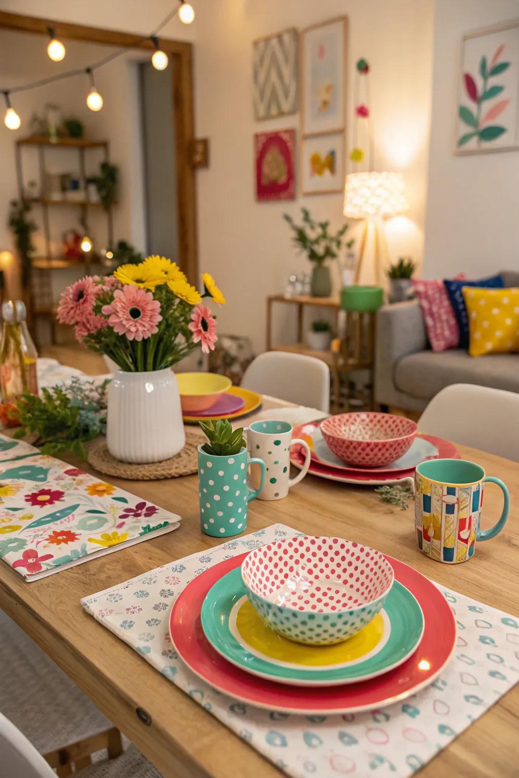 Create a playful table setting with quirky patterns and fun decor.