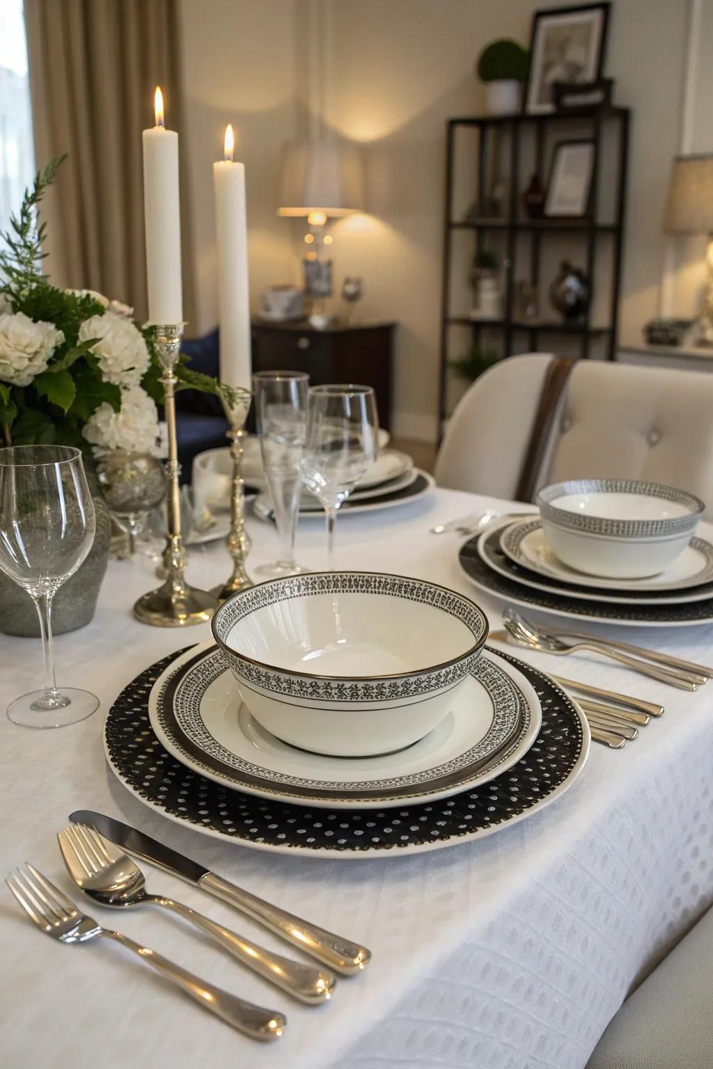 Embrace a sophisticated monochrome table arrangement.