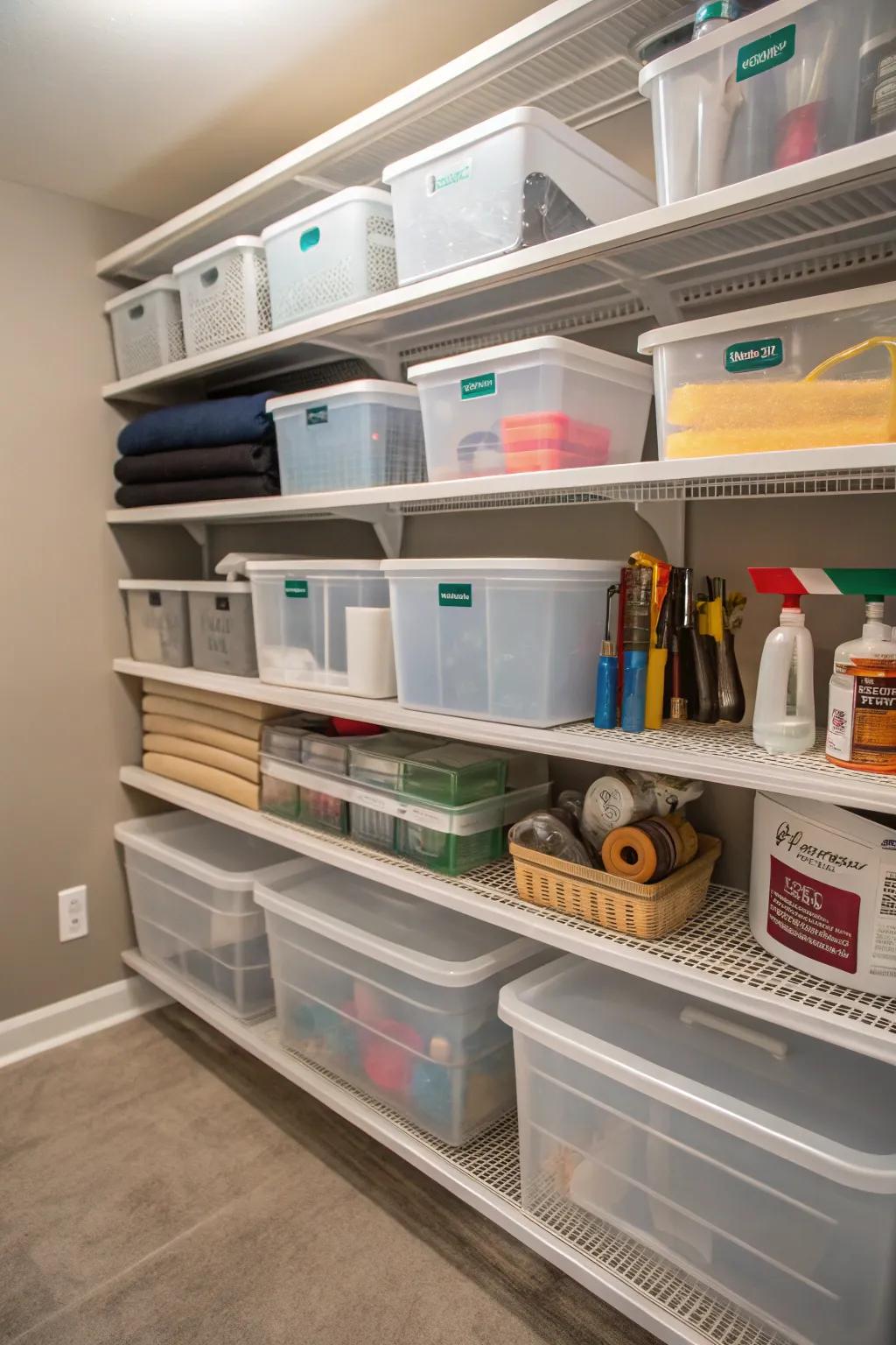 Clear bins simplify organization and help you quickly locate items.