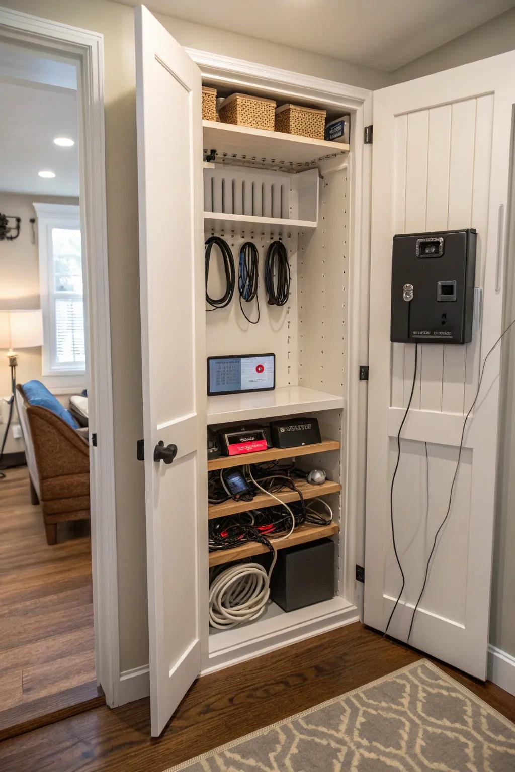 A hidden charging station keeps devices powered and your space clutter-free.