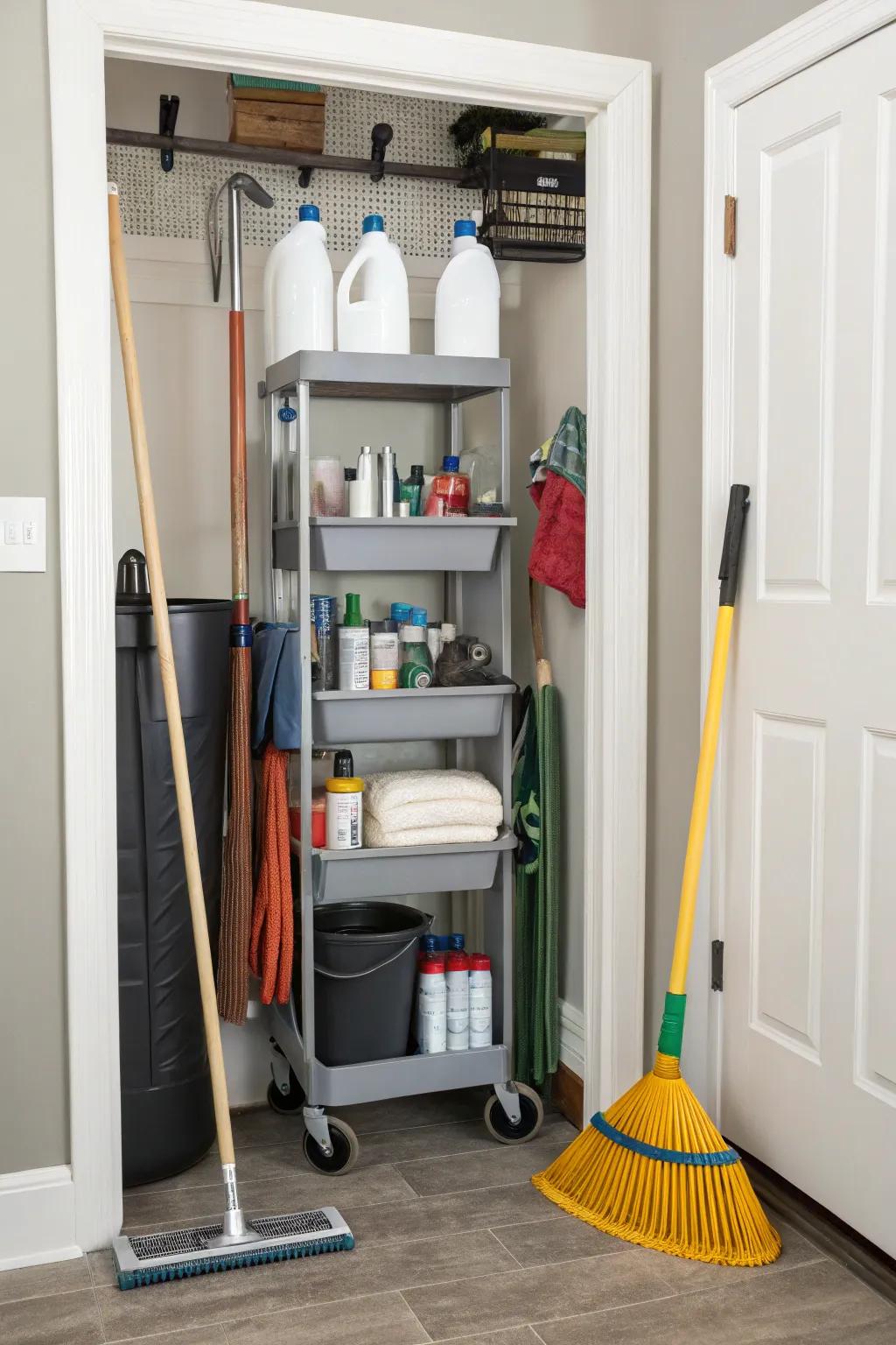 A rolling cart allows easy access to frequently used items.