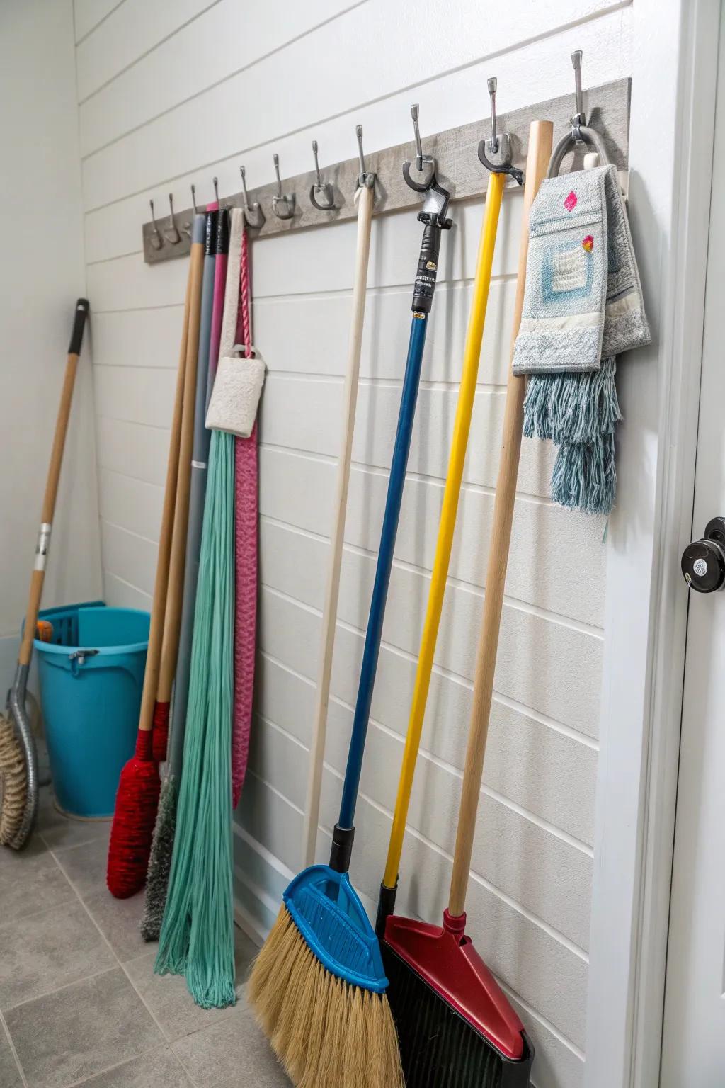 Hooks provide an efficient way to store long-handled cleaning tools.