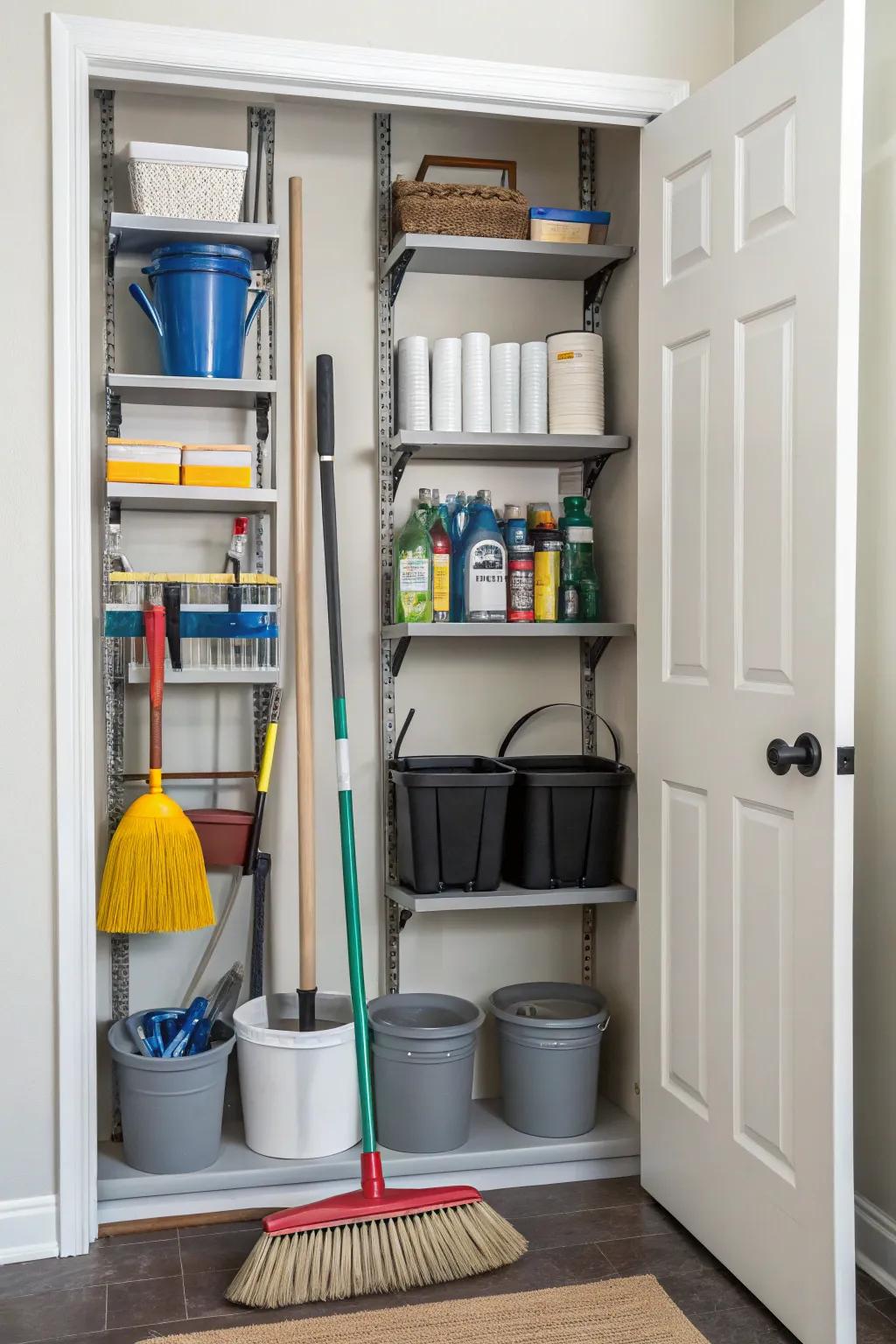 Adjustable shelves offer customizable storage solutions for your utility closet.