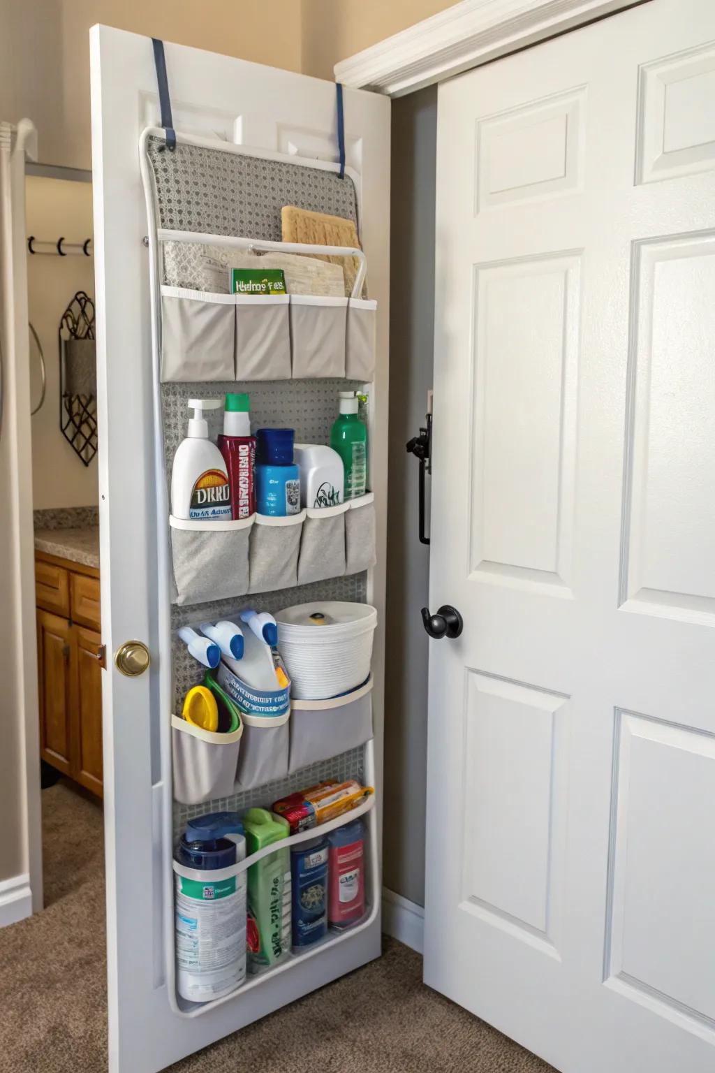 Over-the-door storage maximizes space and keeps essentials within reach.