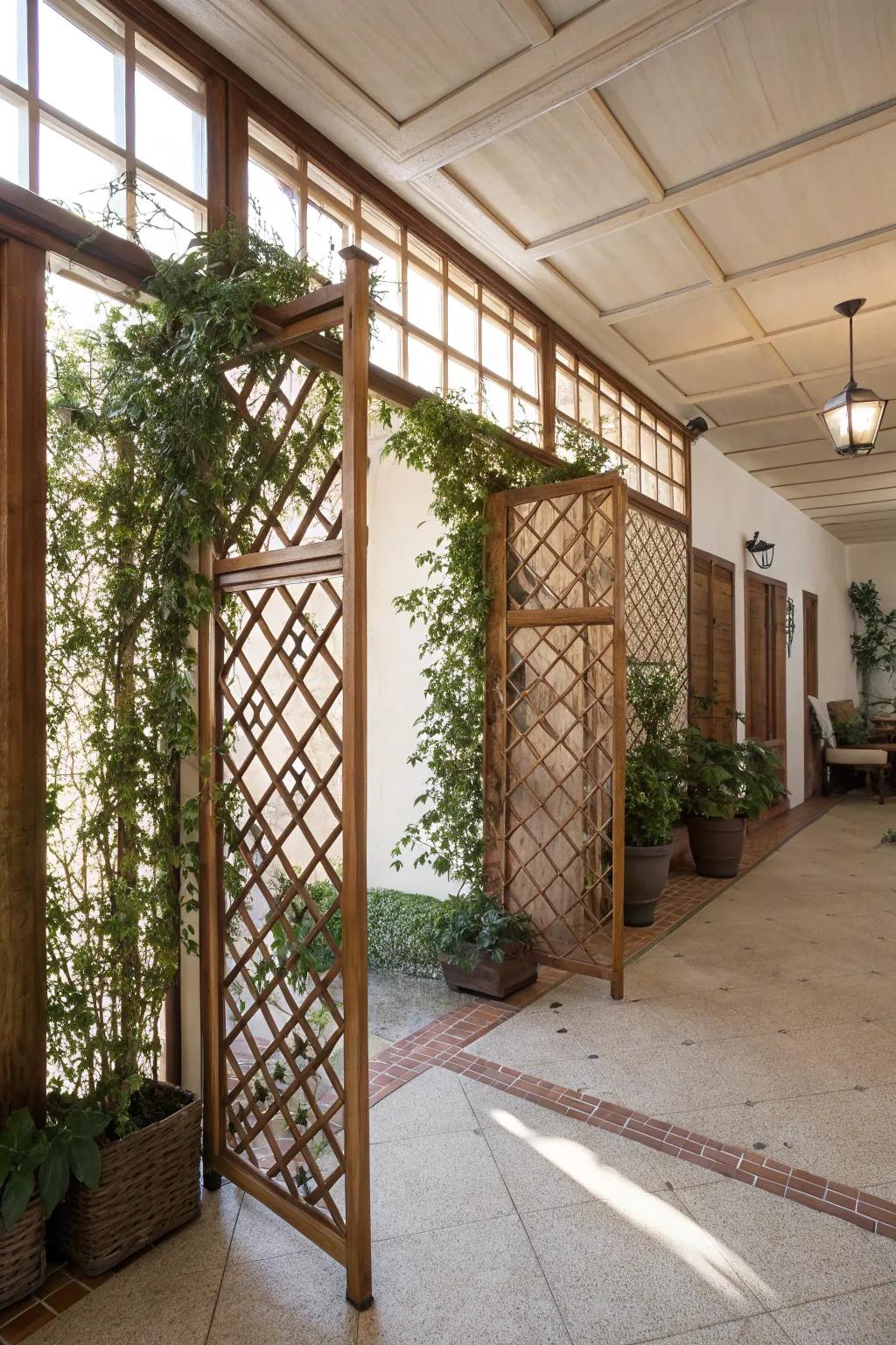 Lattice screens convey a garden ambiance indoors.