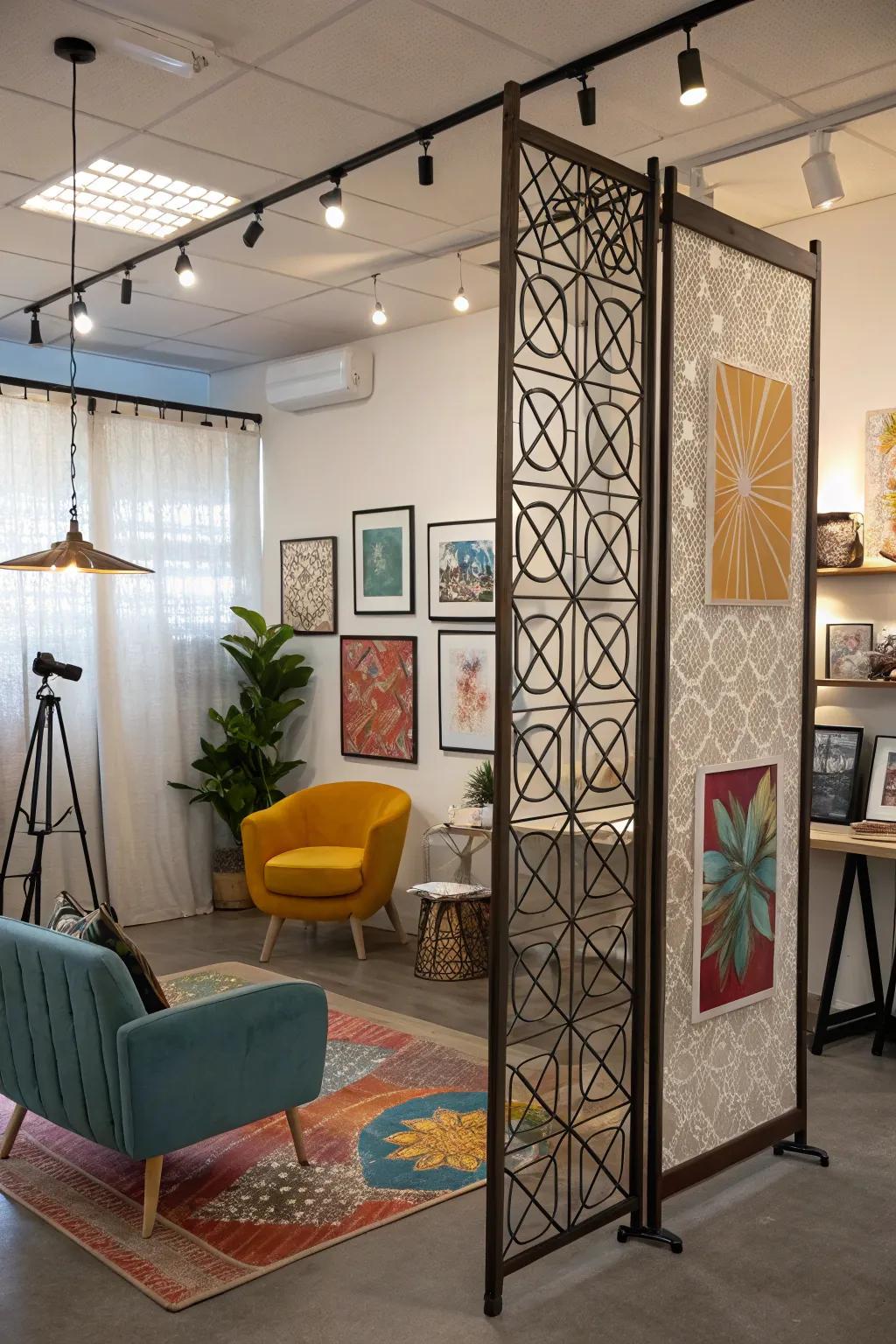 Hanging art panels act as both ornamentation and divider.