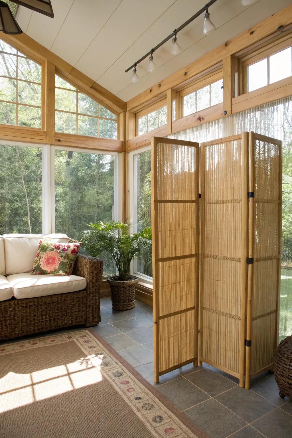Bamboo screens contribute an eco-conscious, exotic nuance.