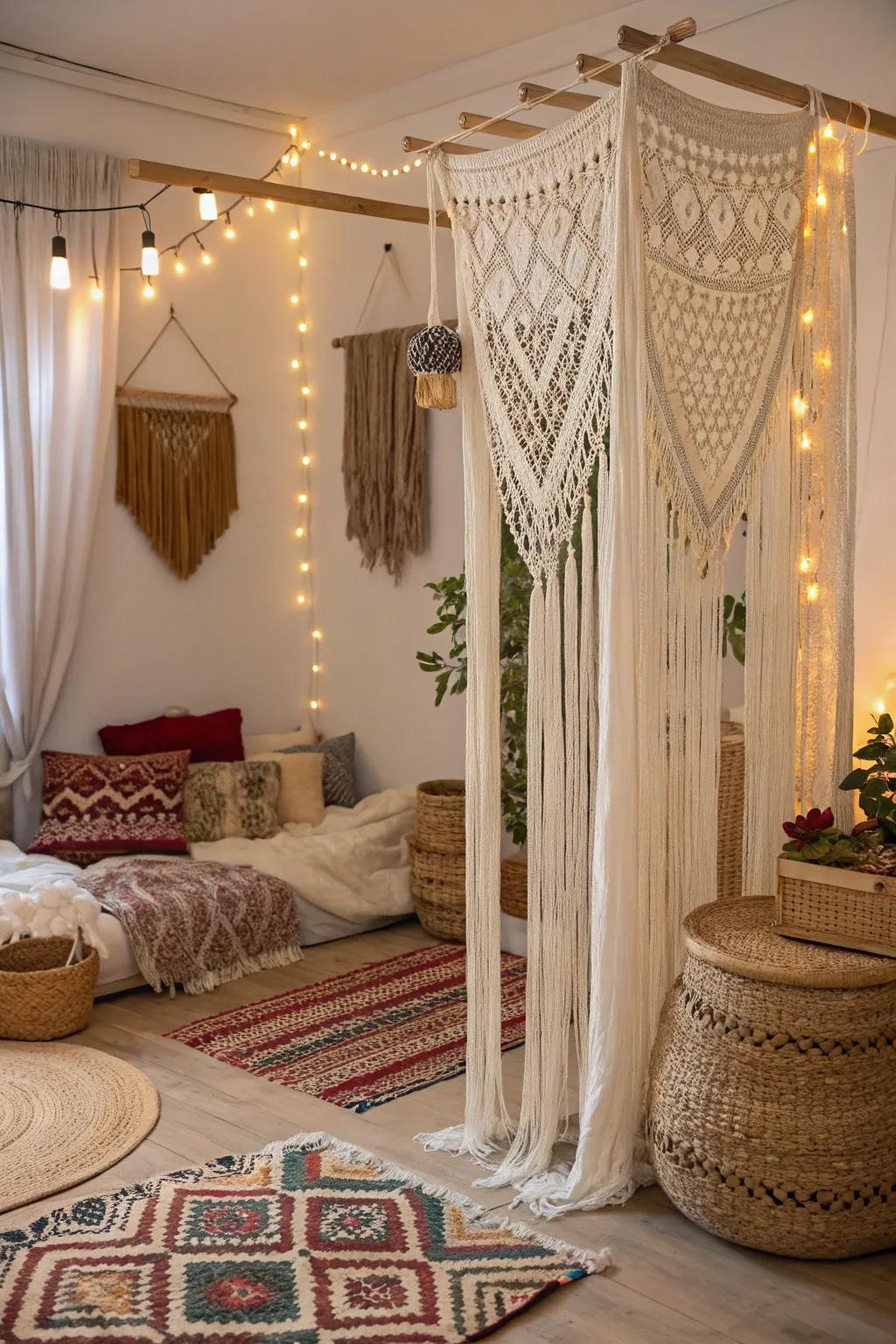 Macramé curtains fashion a serene, artistic ambiance.