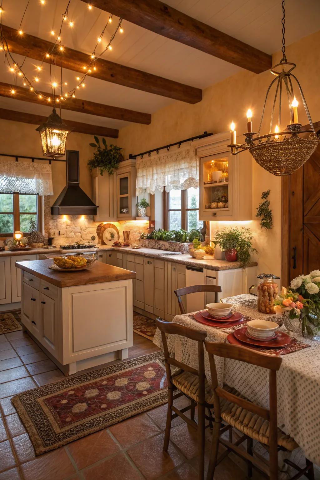 Layered lighting enhances the warmth and depth of the kitchen.