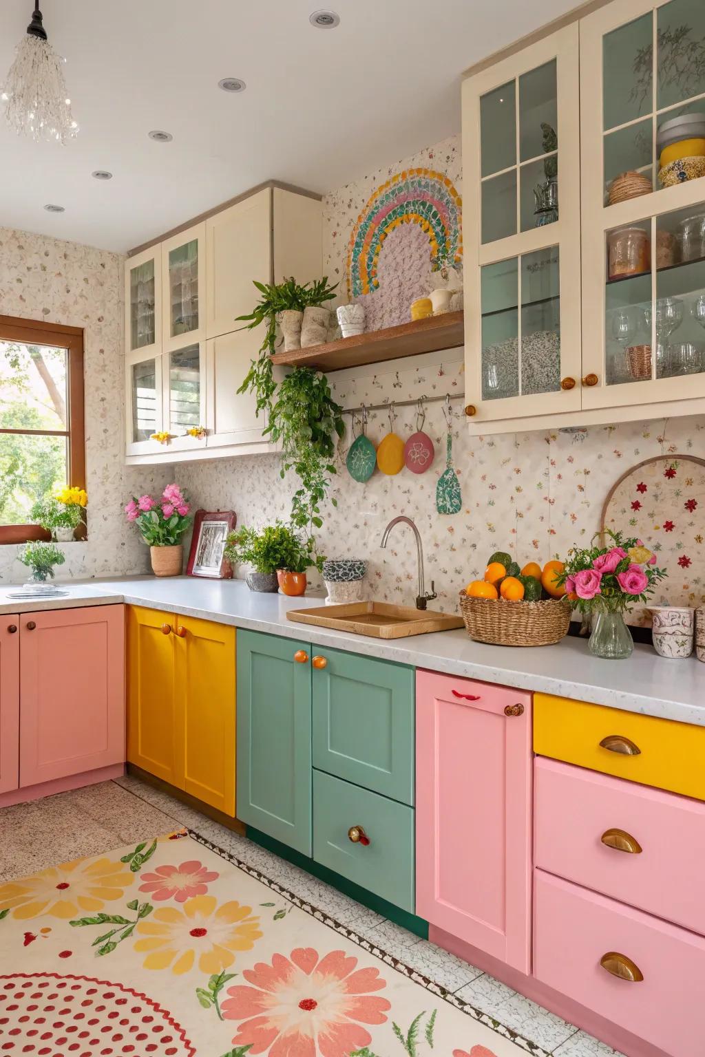Colorful cabinetry redefines the kitchen's aesthetic.