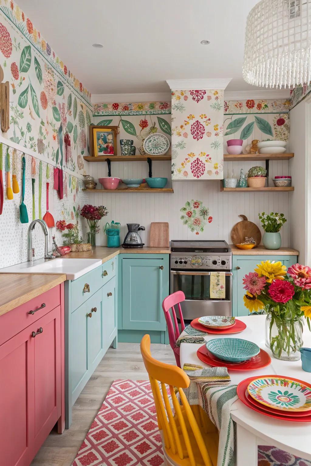 Bold wallpaper turns kitchen walls into a canvas of art.