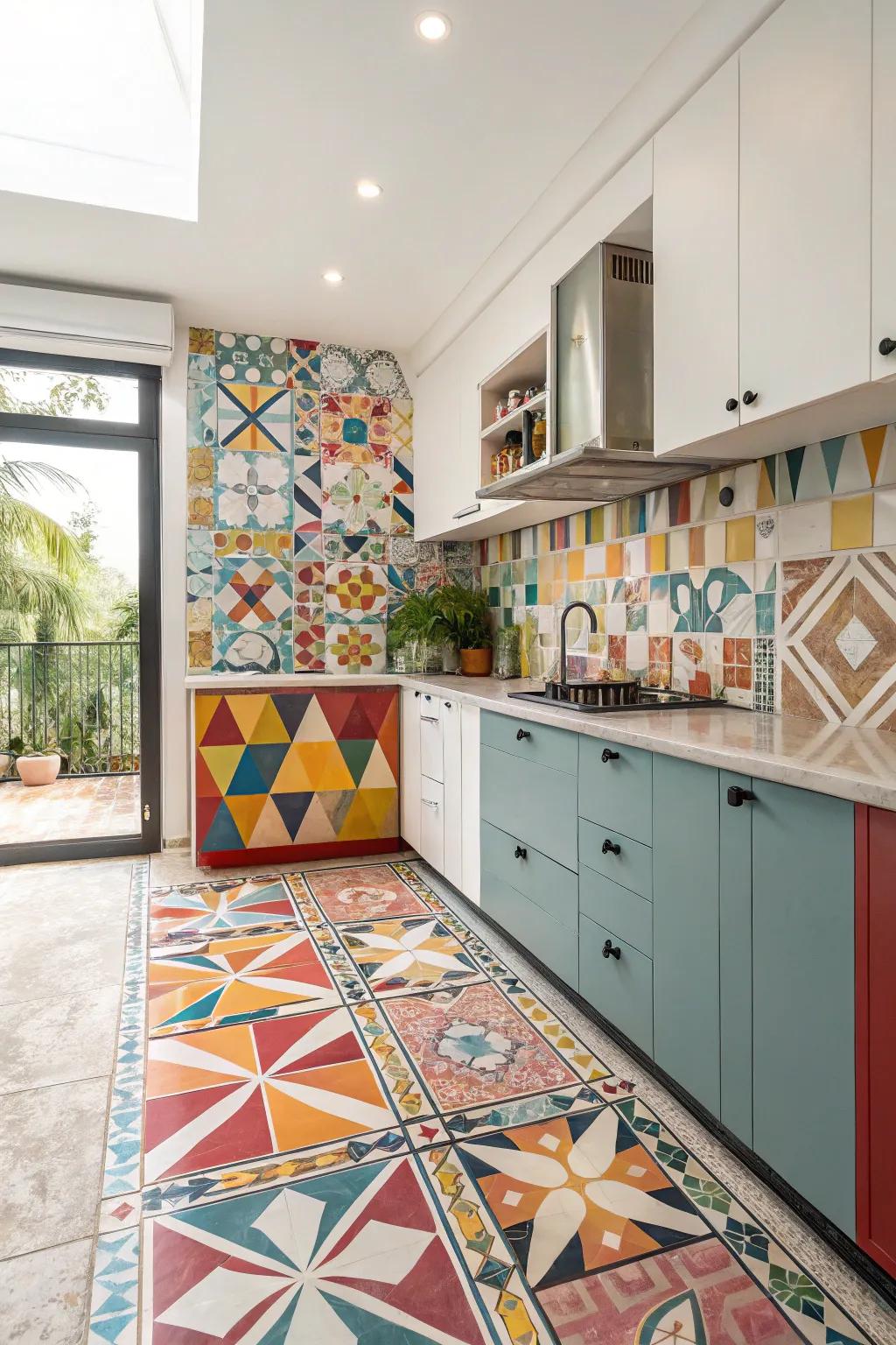 Geometric tiles add a playful and dynamic touch to the kitchen.