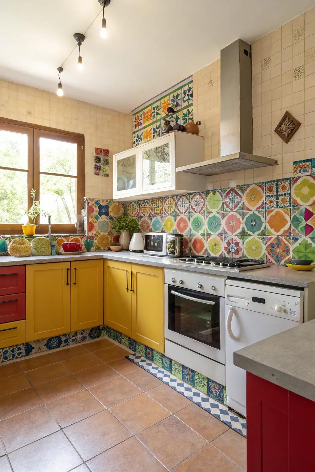 A colorful backsplash adds personality and color to the kitchen.
