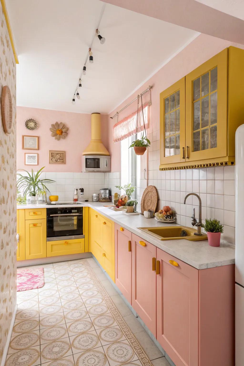 Unexpected color combinations create a whimsical kitchen space.