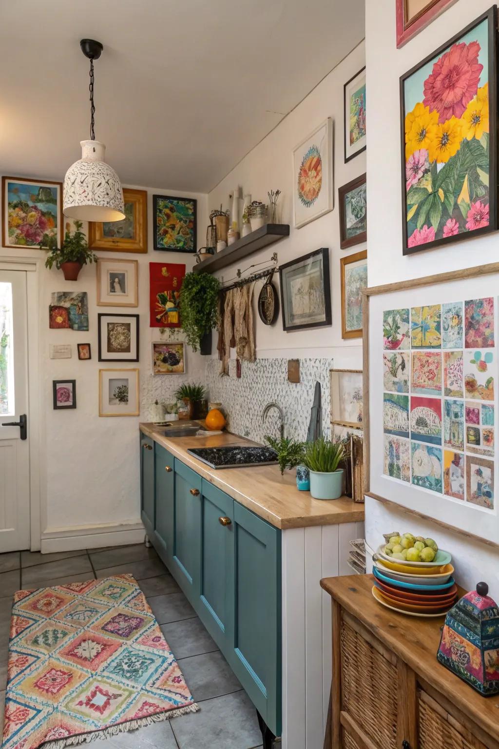 Eclectic art pieces turn the kitchen into a personal gallery.