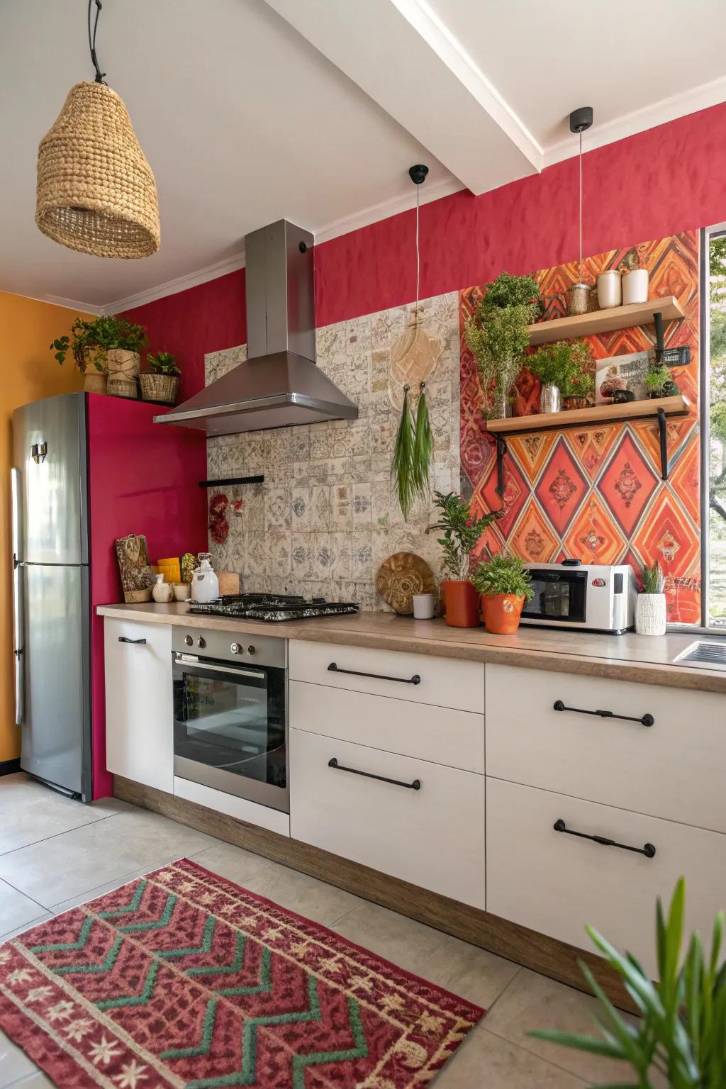 A bold accent wall instantly changes the kitchen's mood.