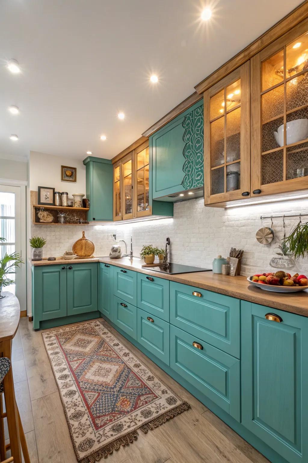 Teal cabinets provide a refreshing burst of color in this kitchen.