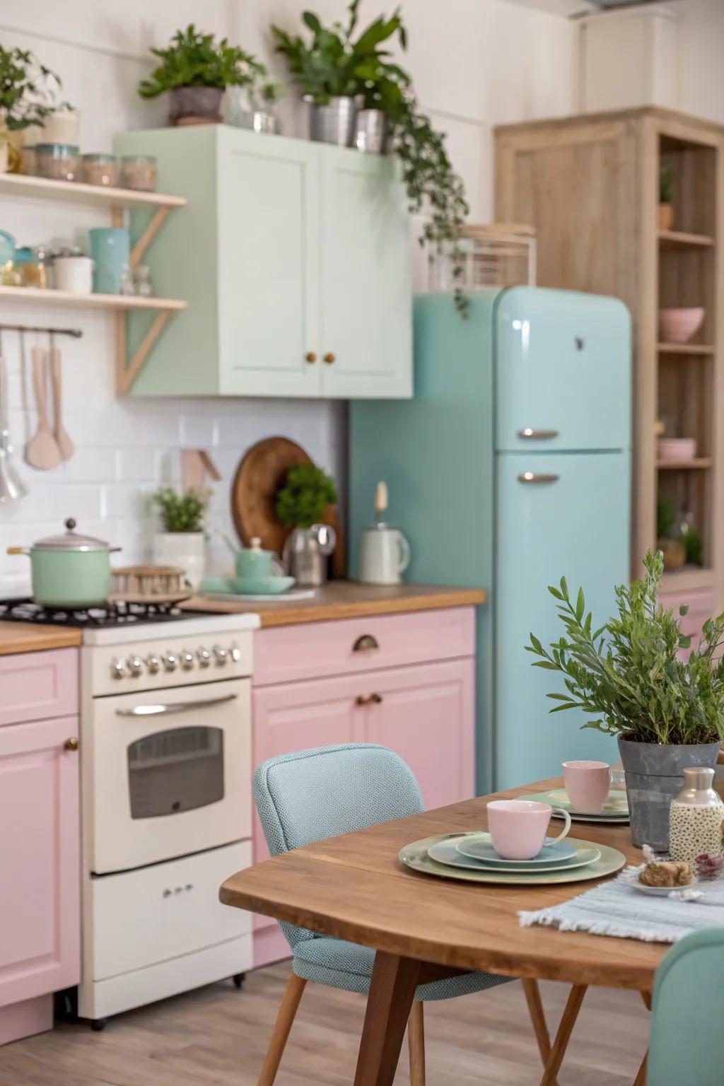 Pastel shades create a soothing and lively kitchen atmosphere.