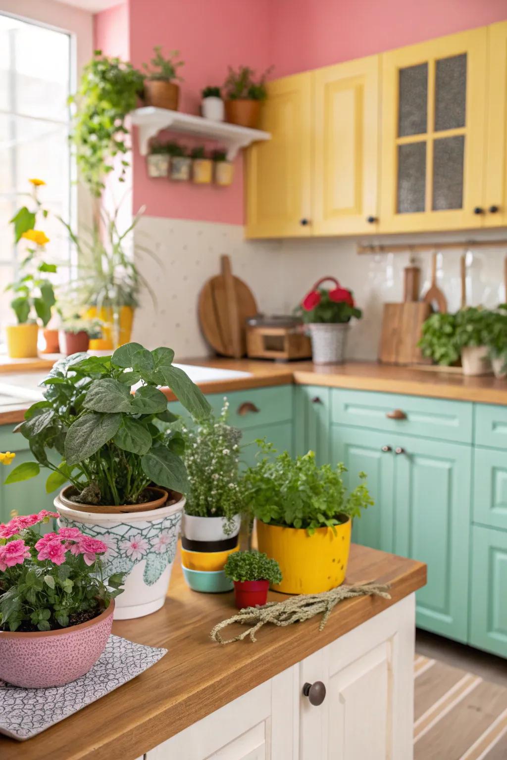 Greenery enhances the vibrant and natural vibe of the kitchen.