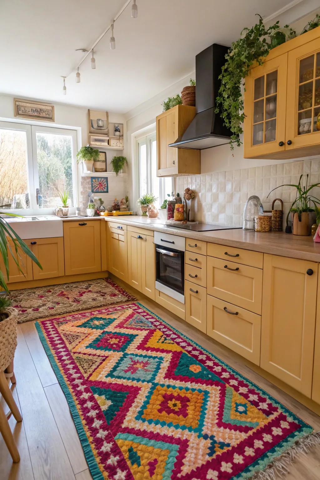 A decorative rug injects color and warmth into the kitchen.