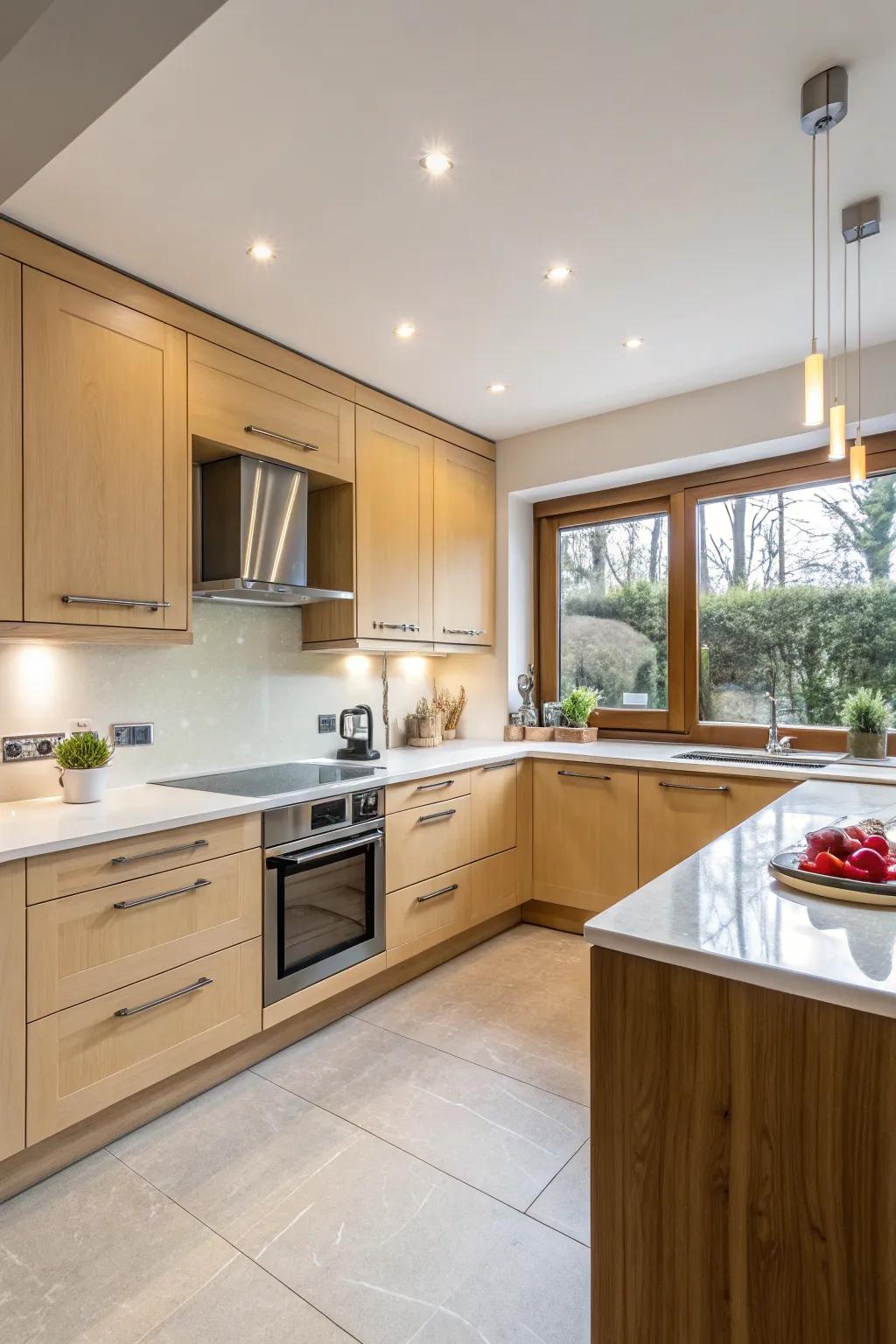 Bright cabinets and neutral countertops create a striking contrast.