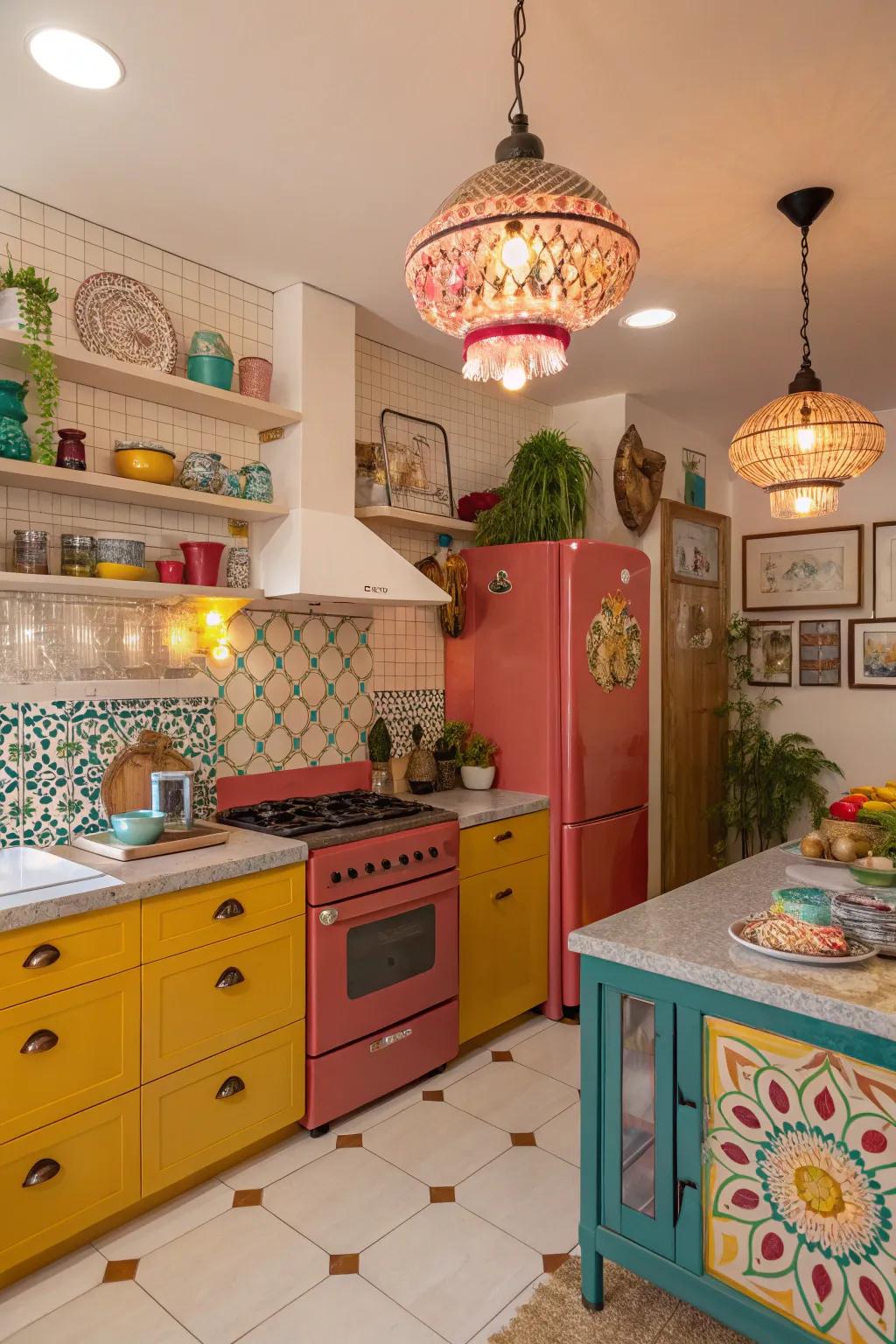 Unique lighting fixtures add an artistic touch to the kitchen.