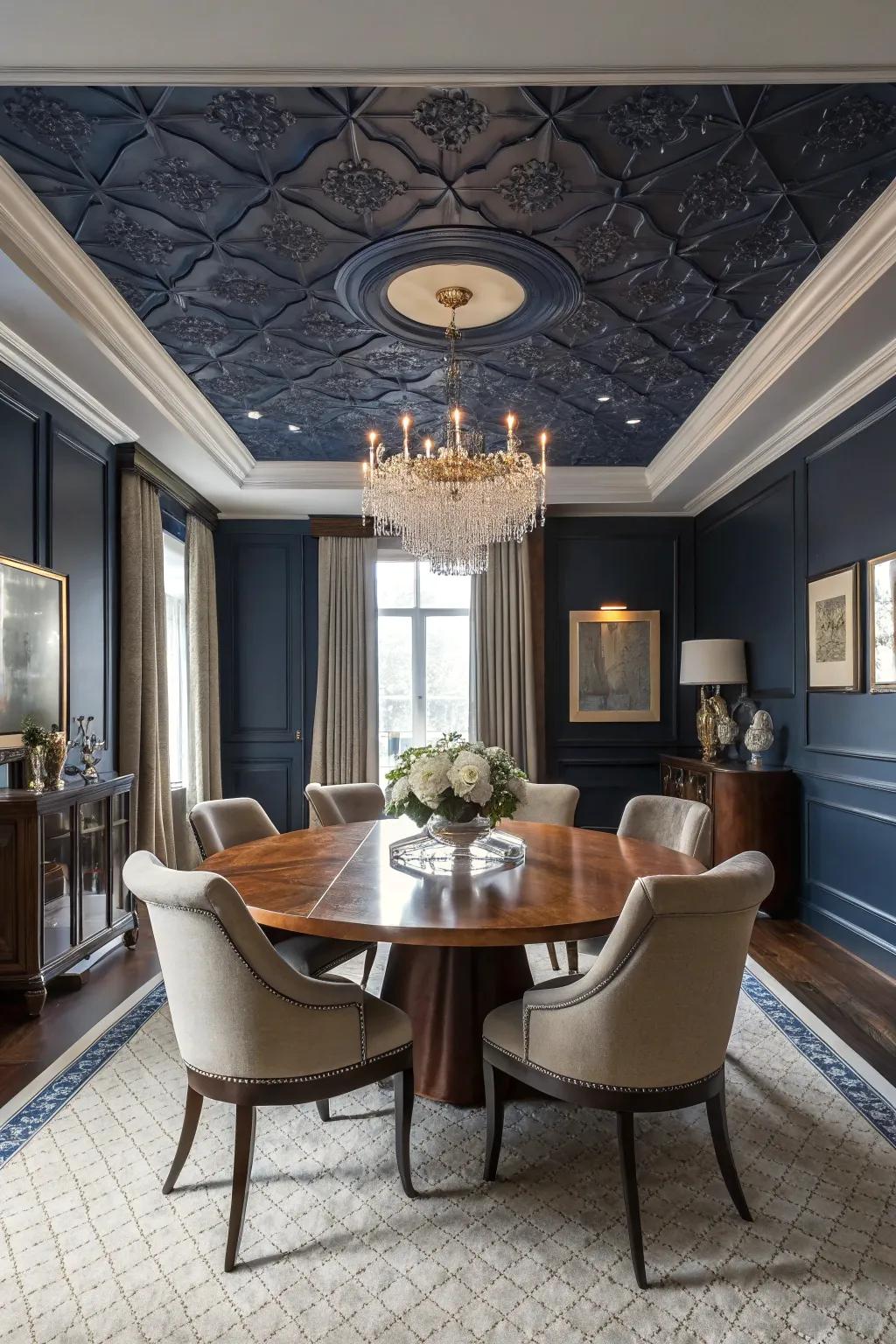 A deep navy surface sets a striking mood in this dining room.