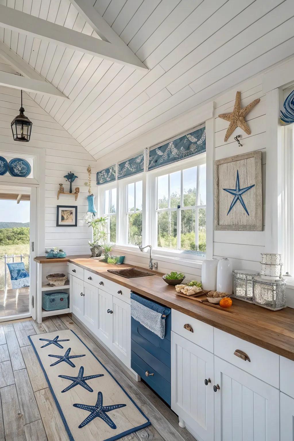 White grooved plank ceilings add a charming seaside touch.
