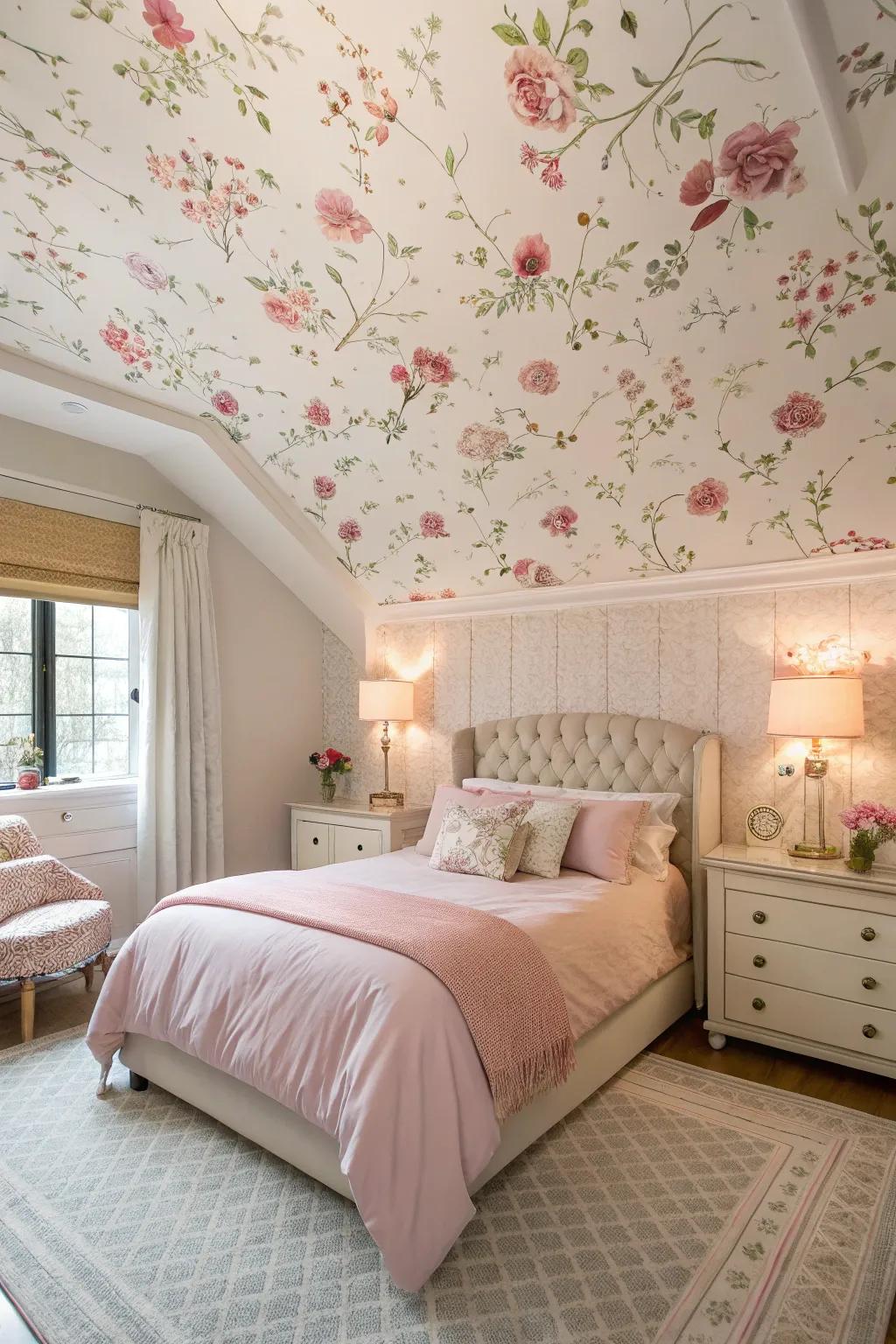 Floral wallpaper on the ceiling adds a touch of whimsy.
